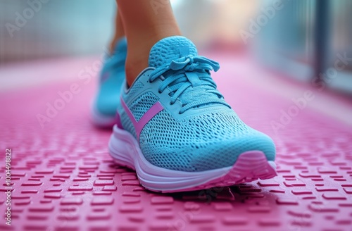 Champion close-up of a woman's blue and purple running shoes on a vibrant track