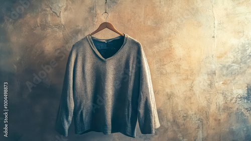 Grey sweater hanging on a wooden hanger against a textured wall