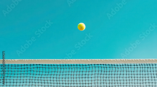 tennis ball hovering over net against vibrant blue sky