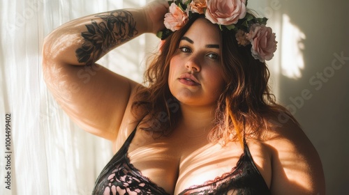 Curvy woman wearing floral crown in sunlit room. Body positivity and beauty concept,