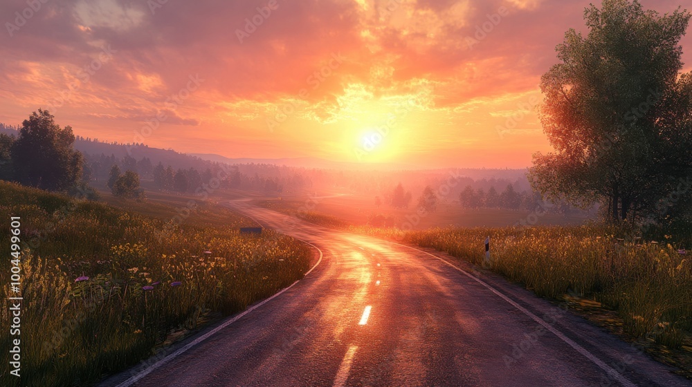 Fototapeta premium Serene Sunset Over Scenic Highway Landscape