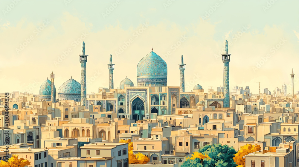 Naklejka premium Mashhad, Iran, color pen pencil hand-drawn effect drawing illustration for travel poster, card, wallpaper, backdrop or banner. Modern, clear, artistic and simple