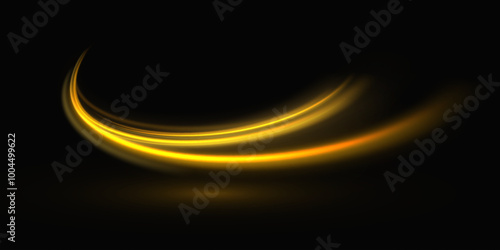 Golden glowing swirl. The effect of moving at the speed of light. Easy trail. Shiny wavy path. Vector.Neon light.