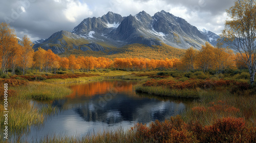 A beautiful landscape with a large body of water and mountains in the background. The water is calm and the trees are orange, creating a serene and peaceful atmosphere