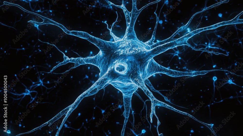 Fototapeta premium A 3D rendering of a glowing blue neuron against a dark background.