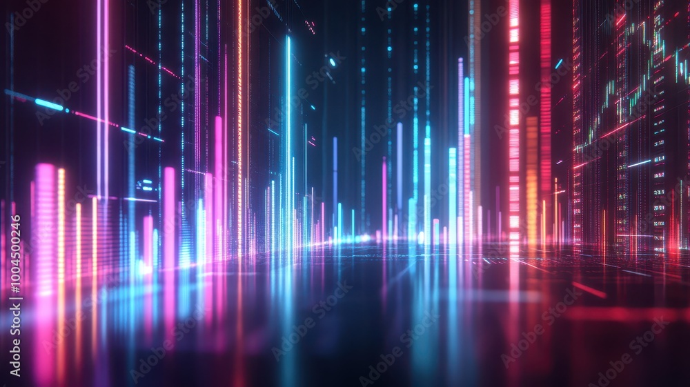 Dynamic financial data visualization with neon-colored bar graphs, representing market trends, copy space Dynamic financial data visualization with neon-colored bar graphs, representing market trends, copy space