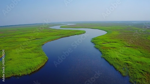 A winding river meanders through a lush green landscape under a clear blue sky in the calm light of early morning