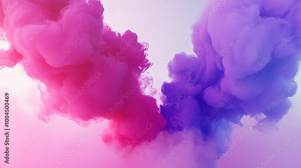 Fototapeta premium Dreamy swirls of vibrant pink and purple clouds dance in the sky during a serene sunset, creating a magical atmosphere of color and tranquility