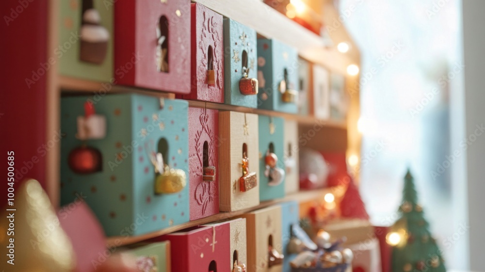 Wooden Advent Calendar with Decorated Doors and Small Ornaments Wooden Advent Calendar with Decorated Doors and Small Ornaments