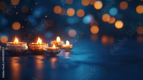 Festive Diwali design with a deep blue background and illuminated lanterns. photo