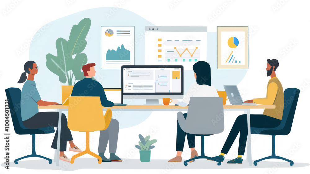 A hybrid team meeting where in-person and remote employees share updates, using digital collaboration tools to bridge the gap between locations. A hybrid team meeting where in-person and remote employees share updates, using digital collaboration tools to bridge the gap between locations.