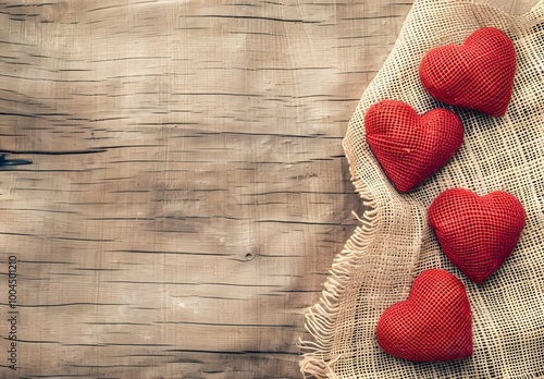 Rustic Valentine's Day Wooden Background with Red Hearts