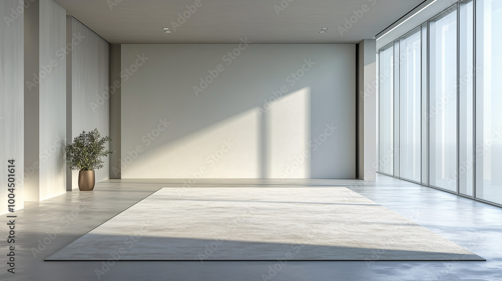 Fototapeta premium A minimalist living room featuring a large, cream-colored rug on an empty concrete floor. The walls are smooth and light, creating a spacious, open feeling
