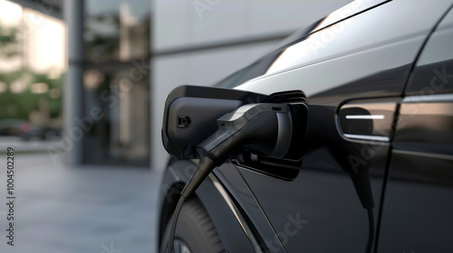 Close-up EV charger plug handle attached to ellectric vehicle port