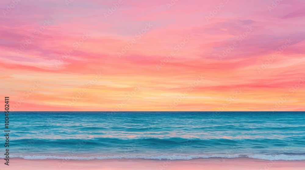Obraz premium A serene ocean view at sunset, showcasing vibrant pink and orange hues blending in the sky above a calm teal sea.
