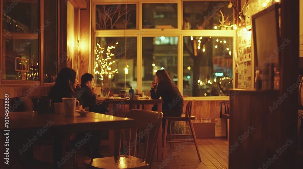 Cozy evening ambiance in a warmly lit café with friends enjoying quiet conversations on a winter night Cozy evening ambiance in a warmly lit café with friends enjoying quiet conversations on a winter night