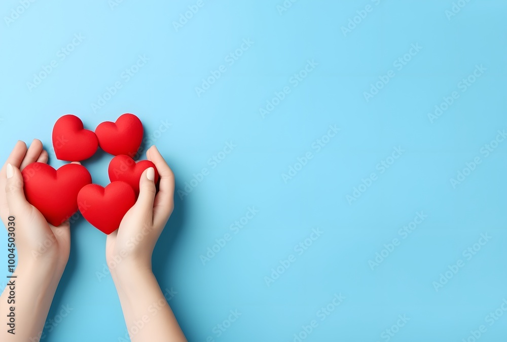 Fototapeta premium Valentine's Day Hearts in Hands on Blue Background