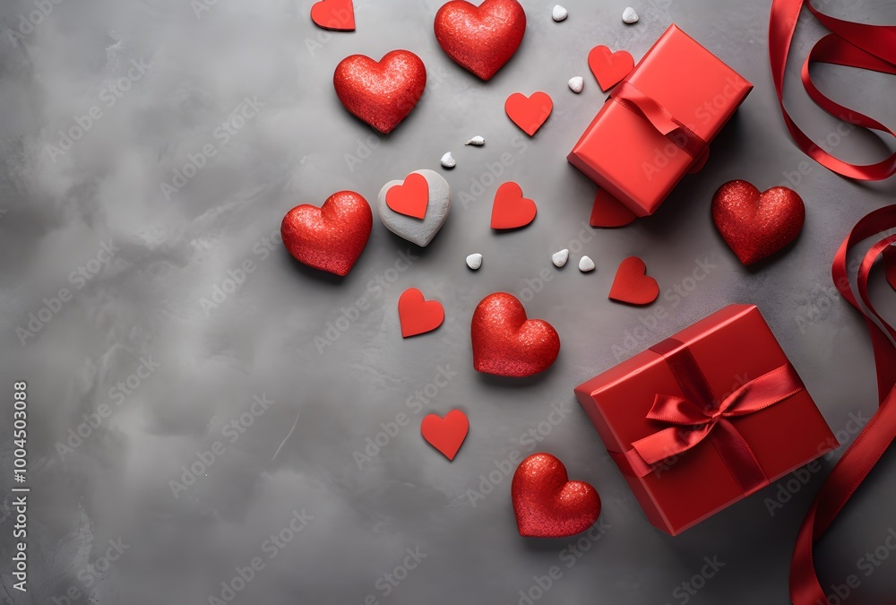 Valentine's Day Gift Box with Red Hearts Flat Lay Valentine's Day Gift Box with Red Hearts Flat Lay