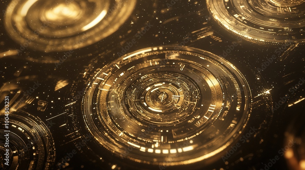 A mesmerizing collection of golden circular patterns glowing in the dark, evoking a sense of wonder and exploration in a digital realm A mesmerizing collection of golden circular patterns glowing in the dark, evoking a sense of wonder and exploration in a digital realm