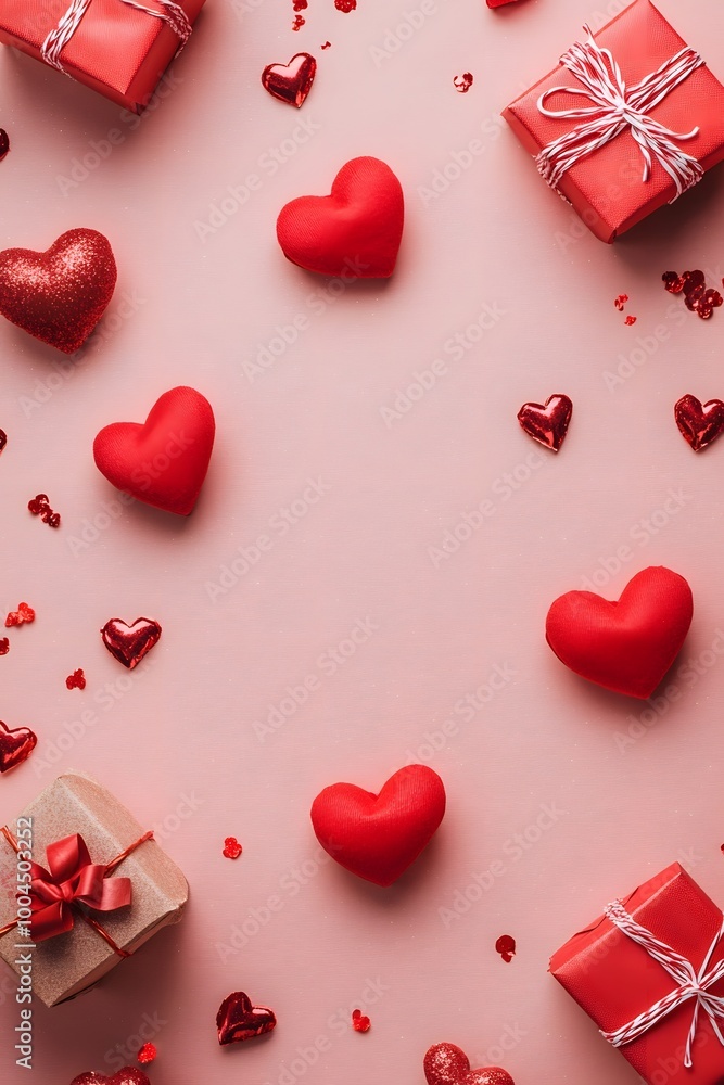 Romantic Valentine's Day Background with Hearts and Gifts Romantic Valentine's Day Background with Hearts and Gifts