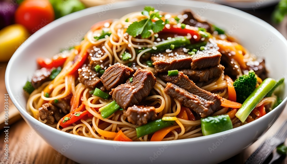 Stir fry noodles with beef and vegetable in white bowl. asian style food
Stir fry noodles with beef and vegetable in white bowl. asian style food