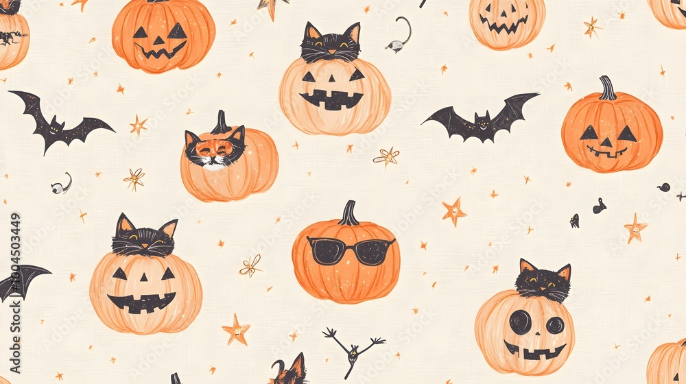 A playful Halloween pattern of pumpkins wearing glasses, cats chasing fireflies, and bats trailing tiny stars in pastel orange tones on a lightly textured cream background A playful Halloween pattern of pumpkins wearing glasses, cats chasing fireflies, and bats trailing tiny stars in pastel orange tones on a lightly textured cream background