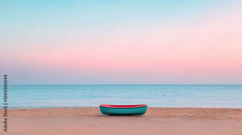 Fototapeta premium A serene beach scene featuring a colorful boat resting on soft sand against a tranquil sea and pastel sky.
