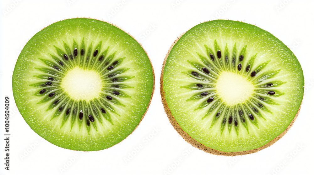 Fototapeta premium A refreshing kiwi sliced in half, showing its bright green flesh and tiny black seeds.
