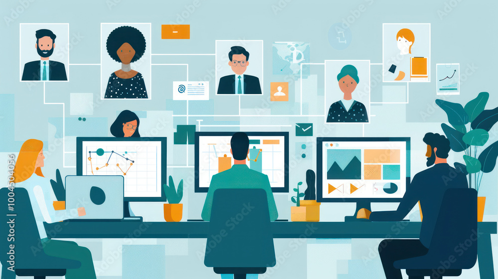 A leadership team in a digital workspace, strategizing on how to lead and manage remote teams effectively in a global business environment. A leadership team in a digital workspace, strategizing on how to lead and manage remote teams effectively in a global business environment.