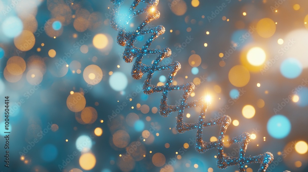 A close-up of a DNA strand with a blurred background of bokeh lights in blue and yellow hues. A close-up of a DNA strand with a blurred background of bokeh lights in blue and yellow hues.