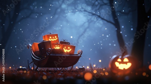 Haunted Sleigh with Halloween Pumpkins and Ghostly Atmosphere