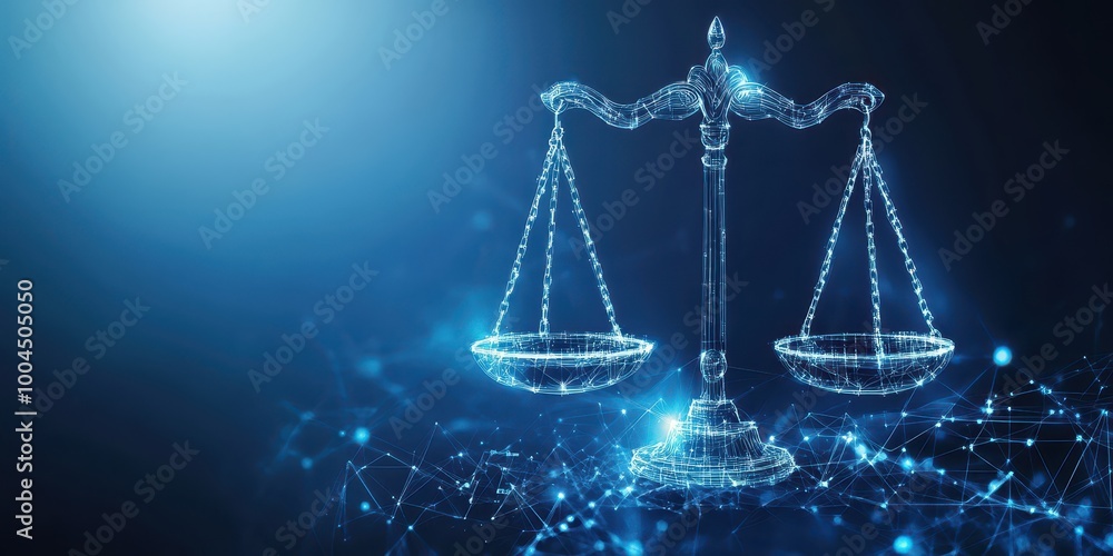 A modern interpretation of justice scales with digital elements, representing the intersection of law and technology, copy space A modern interpretation of justice scales with digital elements, representing the intersection of law and technology, copy space