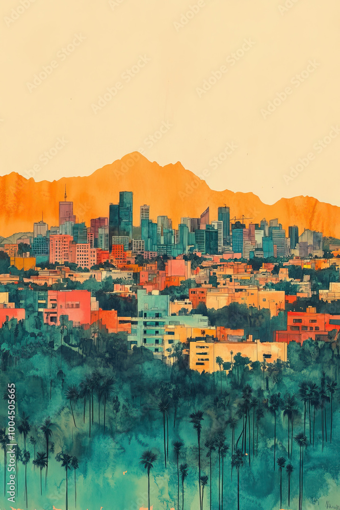 Obraz premium Mexicali, Mexico, color pen pencil hand-drawn effect drawing illustration for travel poster, card, wallpaper, backdrop or banner. Modern, clear, artistic and simple