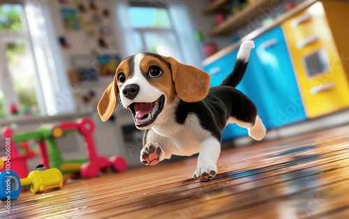 A playful beagle puppy joyfully dashes across a colorful playroom filled with toys on a bright sunny day photo