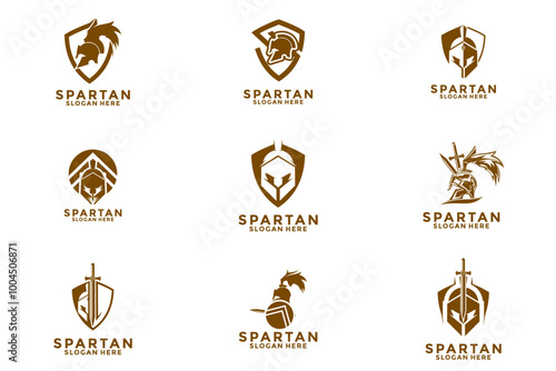 Set of Gold spartan helmet, shield, and spear, spartans logo vector design graphic