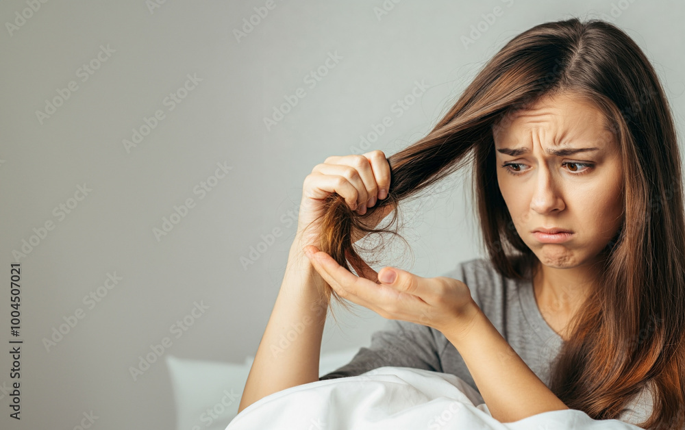 Fototapeta premium Portrait of a woman suffering from hair loss. Banner with copy space.