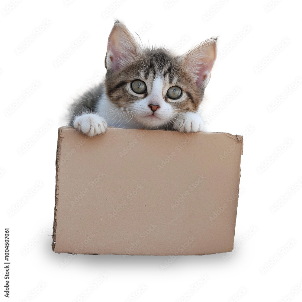 Curious kitten peeking from behind a cardboard sign