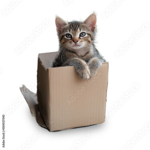 Kitten peeking out from a cardboard box