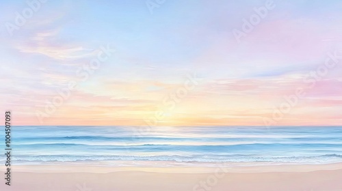 A serene seascape at dawn, showcasing gentle waves and a pastel sky with subtle hues of blue, pink, and gold.