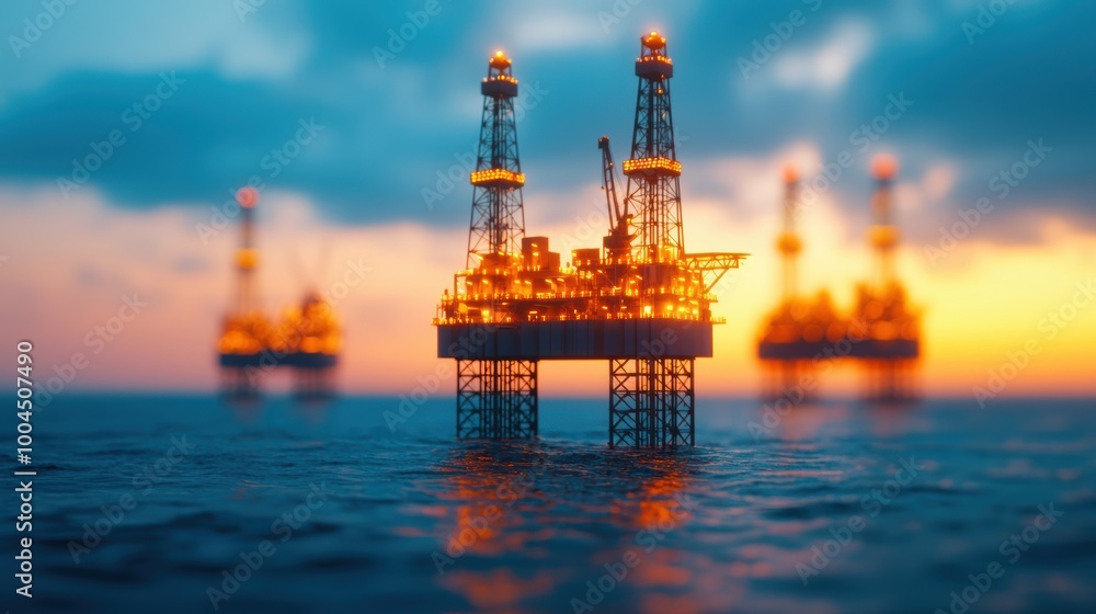Floating Oil Rigs at Sunset Over the Ocean Floating Oil Rigs at Sunset Over the Ocean