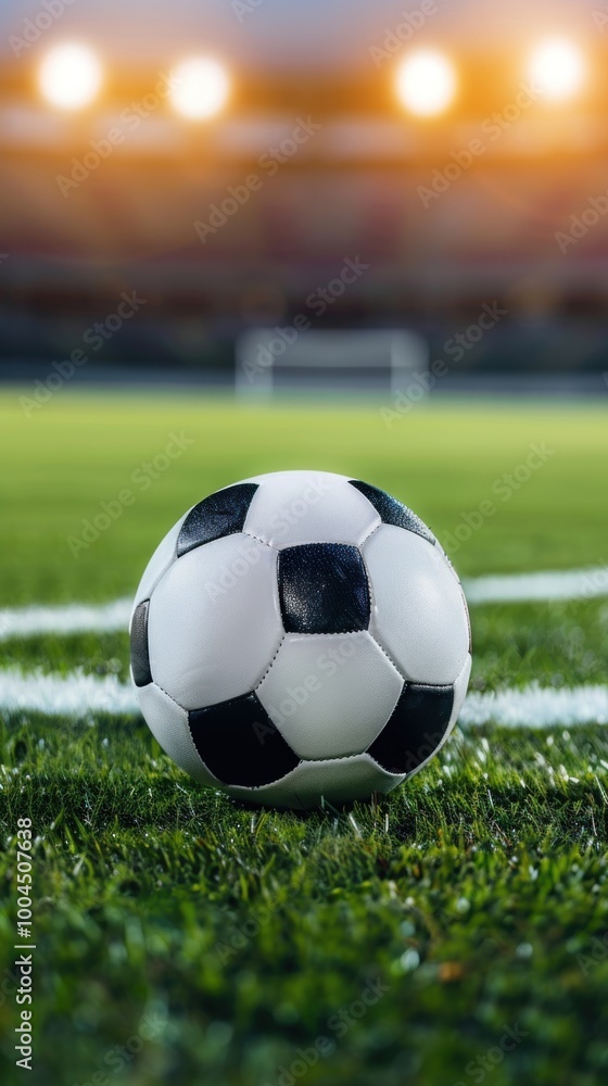 Fototapeta premium Soccer ball on field in illuminated stadium, ready for action. Sports promotions, event posters, or training materials.