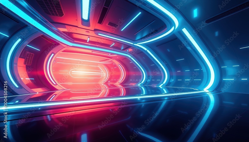 A futuristic tunnel with neon lights. A futuristic tunnel with neon lights.
