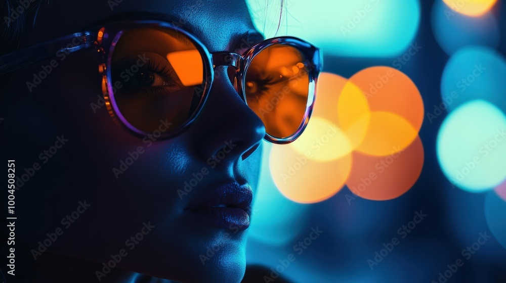 A person is wearing fashionable sunglasses while enjoying the lively atmosphere of a city night, surrounded by shimmering lights and a vibrant nightlife A person is wearing fashionable sunglasses while enjoying the lively atmosphere of a city night, surrounded by shimmering lights and a vibrant nightlife