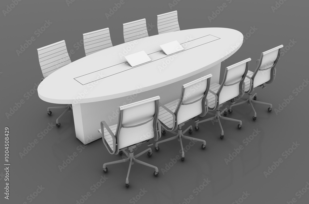 White meeting table and white chairs in meeting room, isolated on grey background.
White meeting table and white chairs in meeting room, isolated on grey background.
