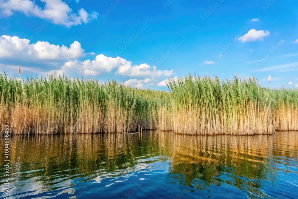 Serene lake with tall reeds under a bright blue sky.