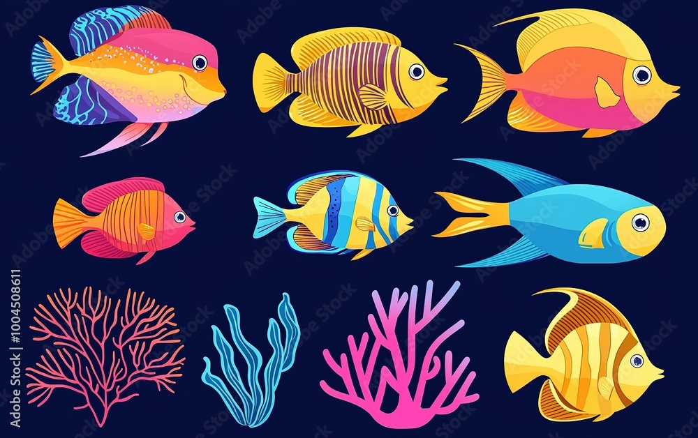 Fototapeta premium Colorful tropical fish swimming gracefully amidst coral formations in a vibrant underwater world