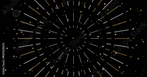 Looping Fireworks Animation. Black background and golden stars.Celebration card for mailing, web invitation, greeting cards… animation made in 4K vector design.