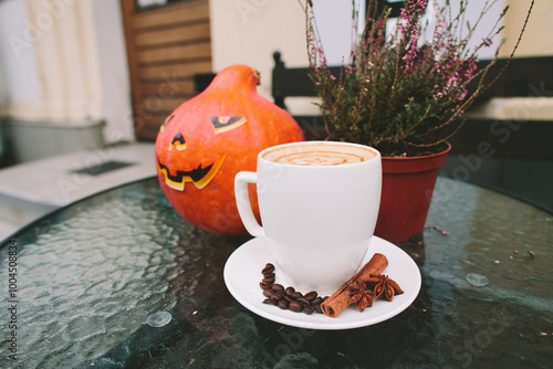 Autumn Cafe Scene with Jack-o-Lantern and Latte Art