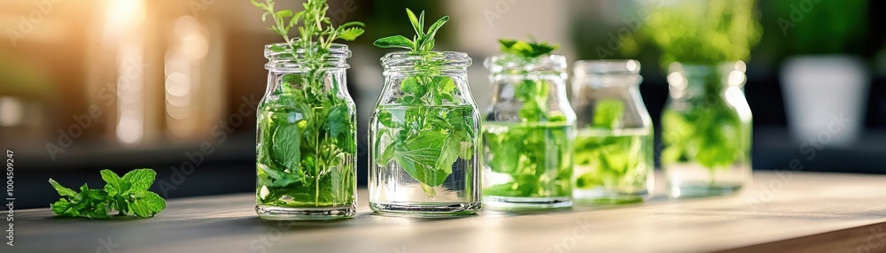 Closeup of Fresh Herbs in Glass Jars on Table Closeup of Fresh Herbs in Glass Jars on Table
