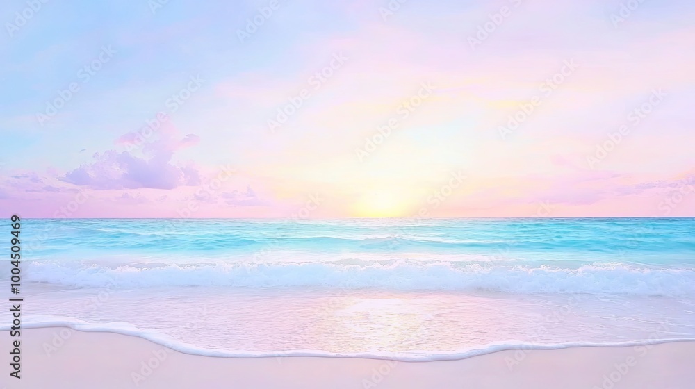 Obraz premium A serene beach scene at sunset, featuring soft waves, pastel skies, and a tranquil atmosphere.